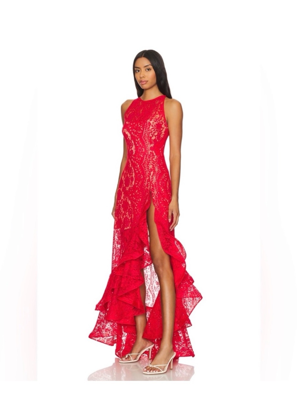 Bronx and Banco Red Lace Ruffle High-Low Maxi Dress